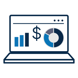 icon of a laptop with blue data symbols on the screen