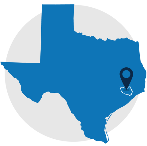 Map of TX with a Pin for Harriss County