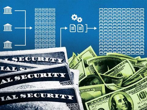 A stack of Social Security Cards sits beside a stack of money.