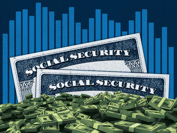 image of social security card, stacks or money and bar chart