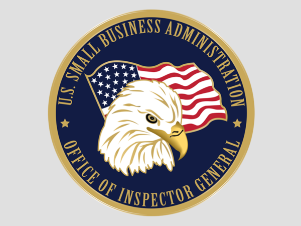 SBA OIG seal with an eagle and American flag on a dark blue background with gold border and "U.S. Small Business Administration Office of Inspector General" in gold print with two stars.